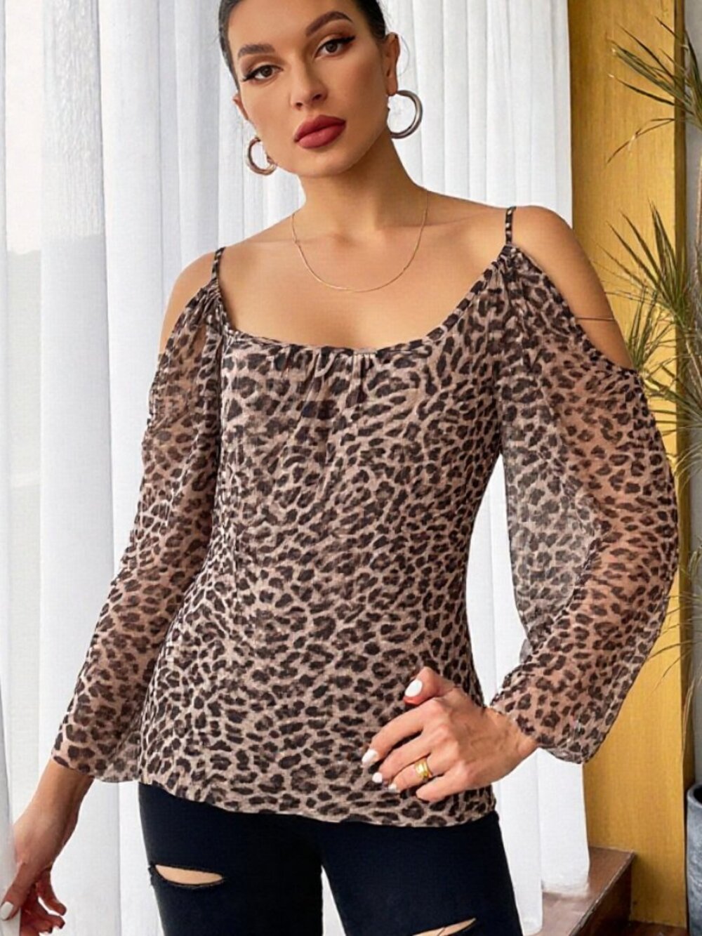 Sweet Pea Mesh Cold Shoulder Animal Print 3/4 sleeves Top